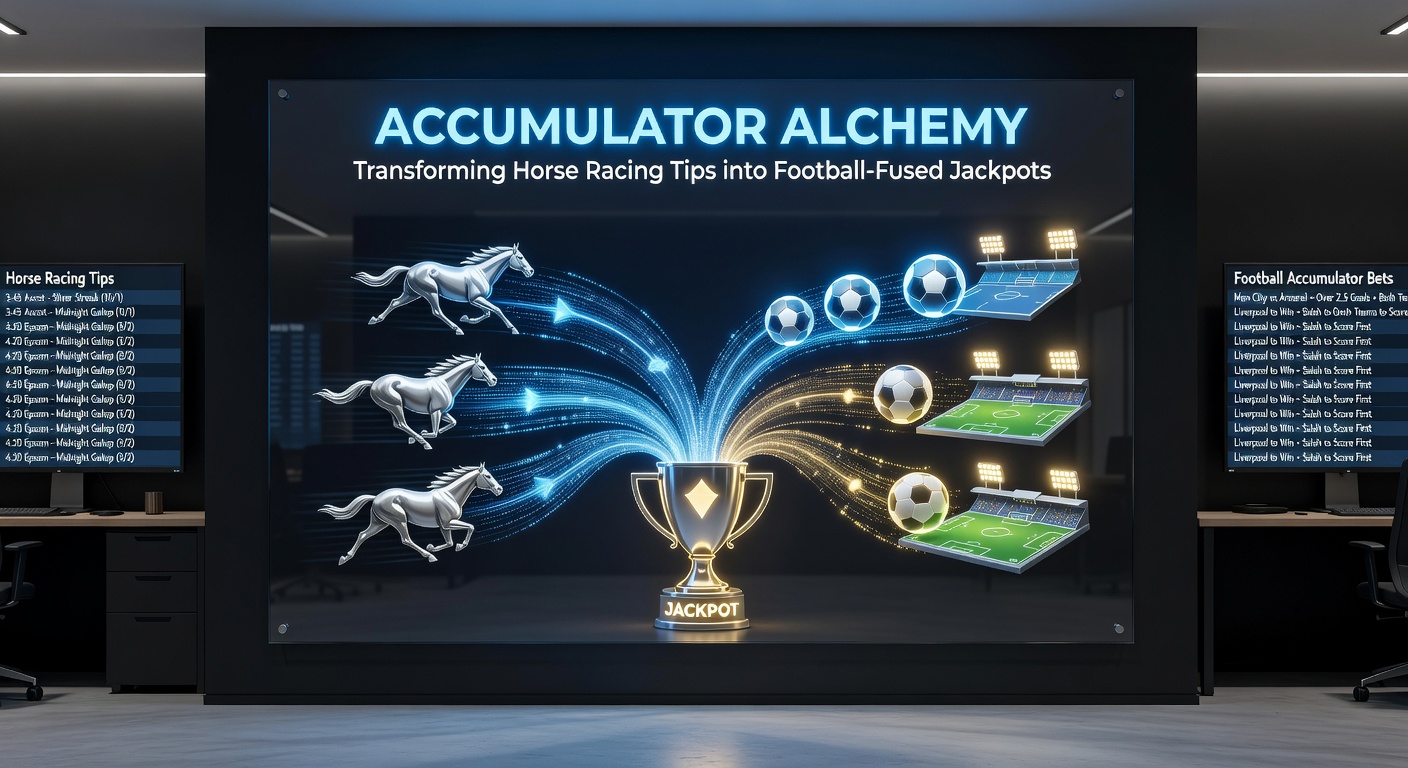 A glowing jackpot screen displaying a winning horse racing-football accumulator payout, with odds cascading upward