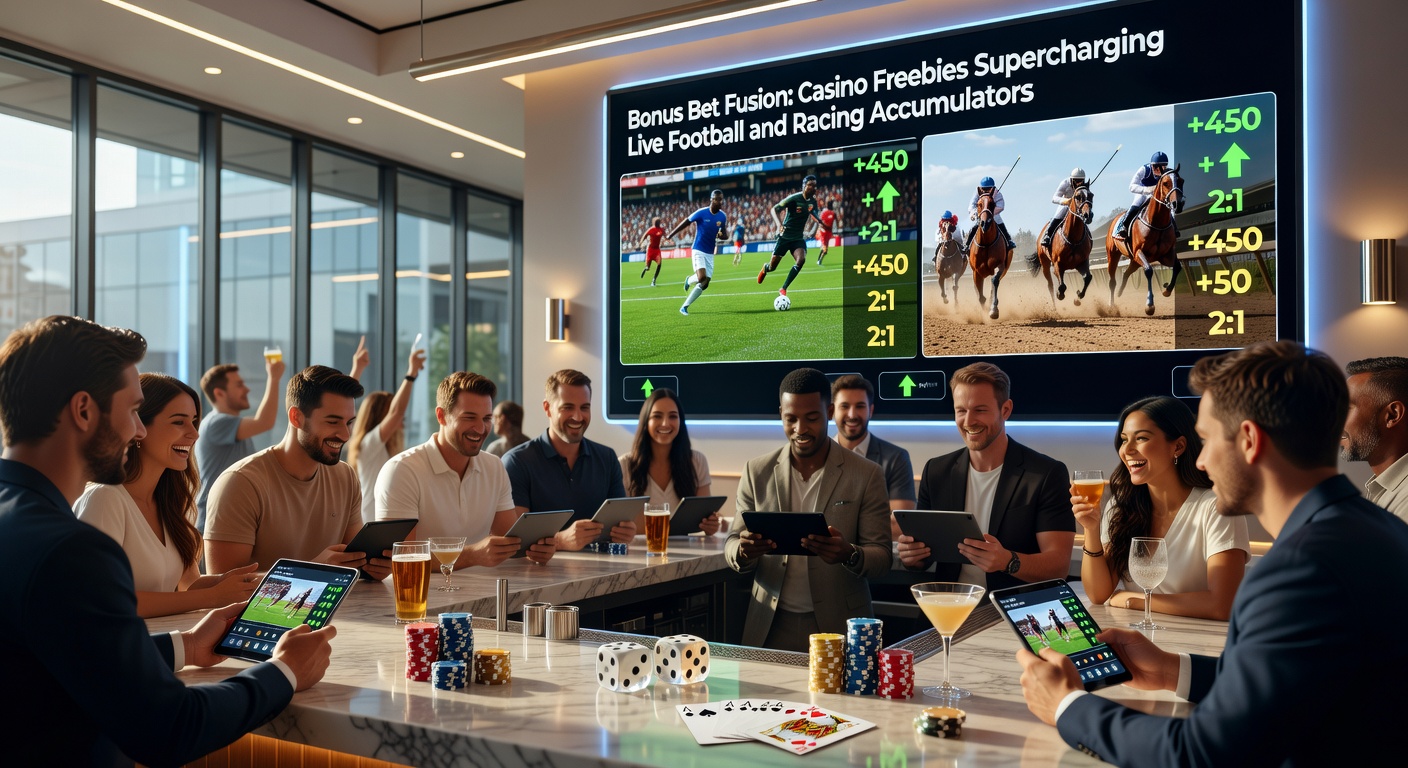 Close-up of a betting slip merging casino bonus credits with a multi-leg live horse racing and football accumulator, odds building dramatically