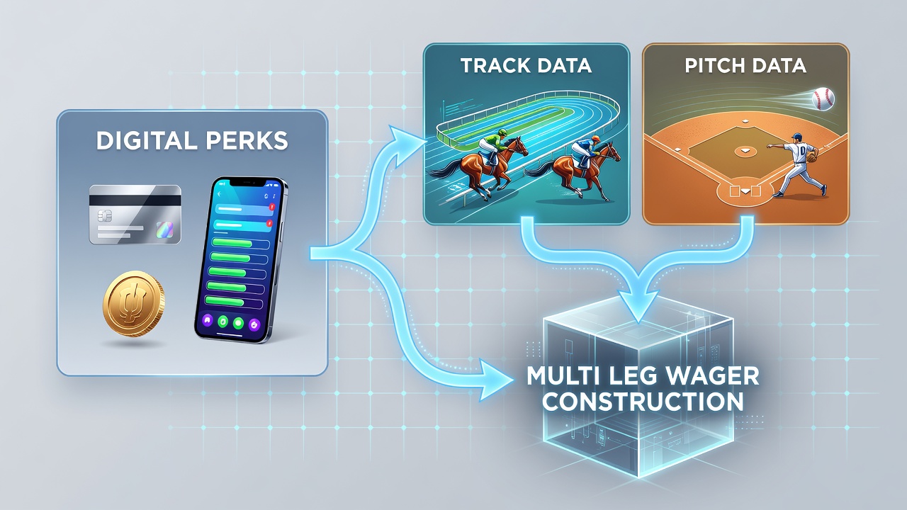 Multi-leg wager builder screen combining track speed figures with football expected goals data and active digital bonus indicators