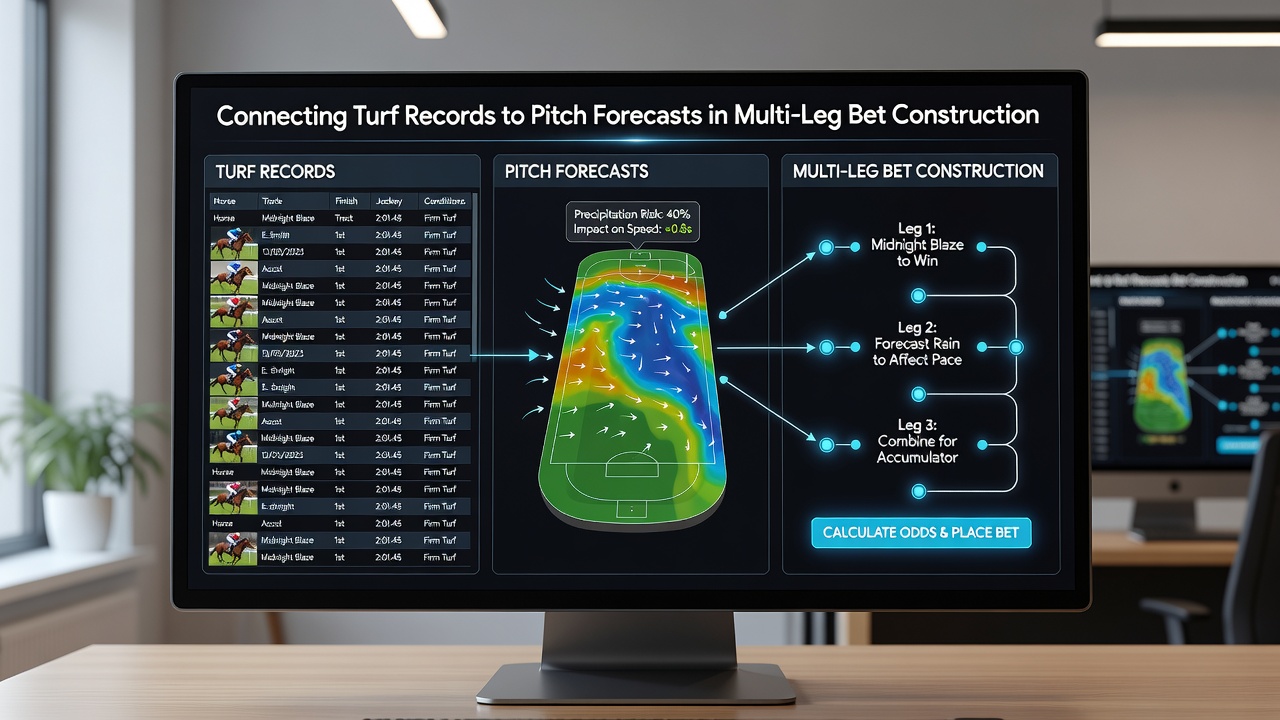 Diagram showing data flows from turf performance records to football pitch weather projections used in multi-leg wager structures