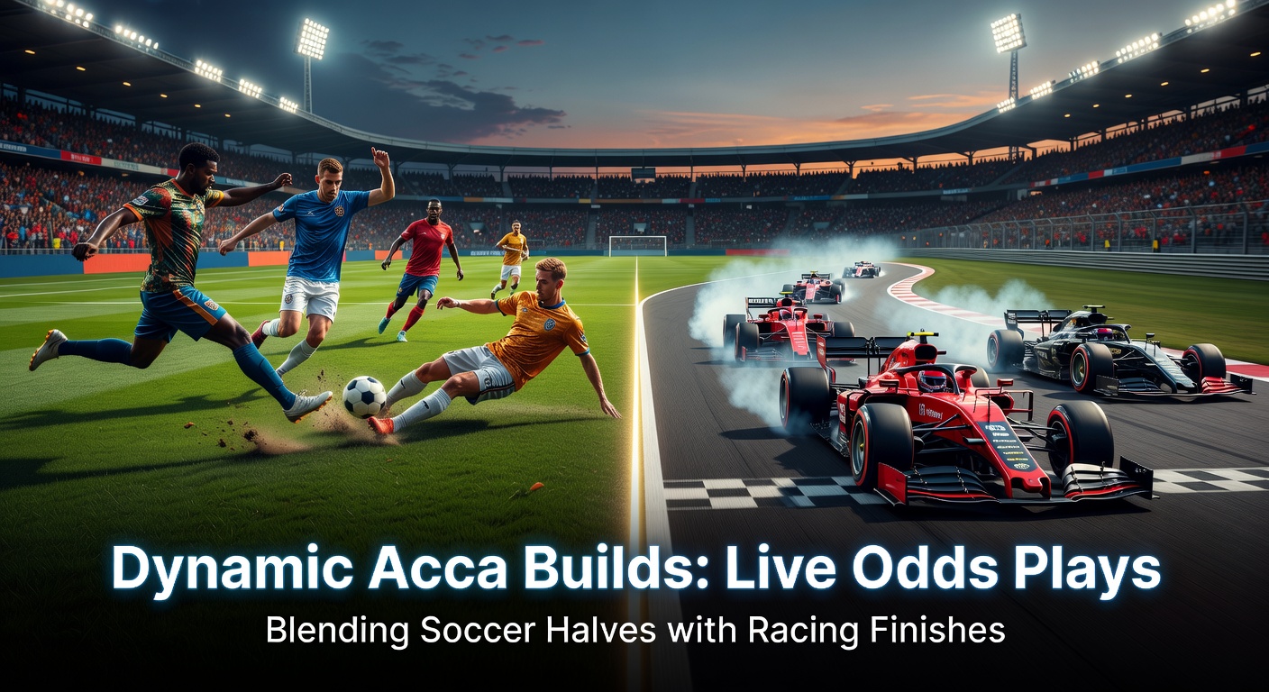 Close-up of a betting slip constructing a live acca with soccer second-half over/under odds alongside horse racing win-place-each-way selections, highlighting real-time odds fluctuations and projected returns