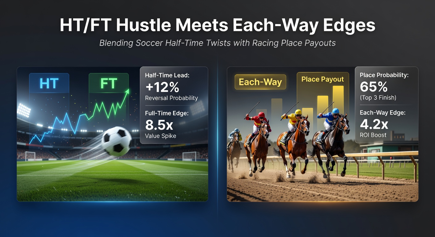 Hybrid betting dashboard showing soccer HT/FT selections merged with horse racing each-way accumulators, highlighting payout scenarios