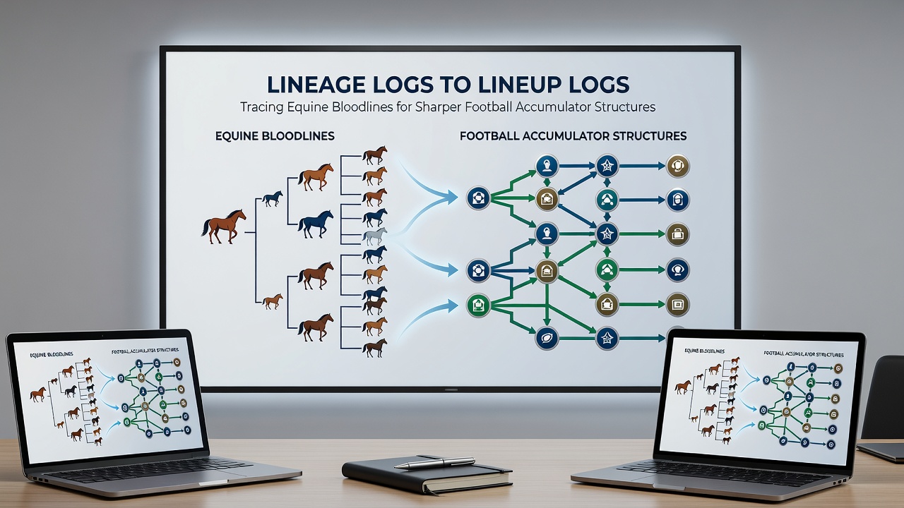 Analytics dashboard displaying integrated horse pedigree metrics and football accumulator risk scoring interface