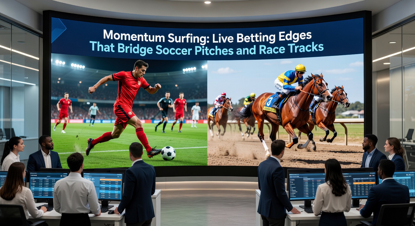Close-up action shot of a soccer team celebrating a momentum-turning goal merged with a horse thundering past rivals in a photo finish, illustrating cross-sport live betting opportunities