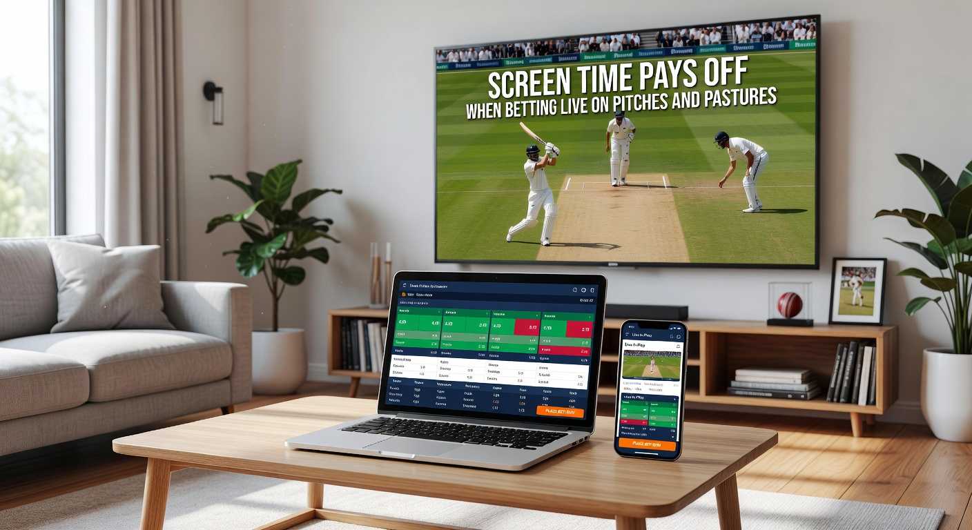 Close-up of a bettor's multi-monitor setup displaying live odds fluctuations during a horse race and football match overlay