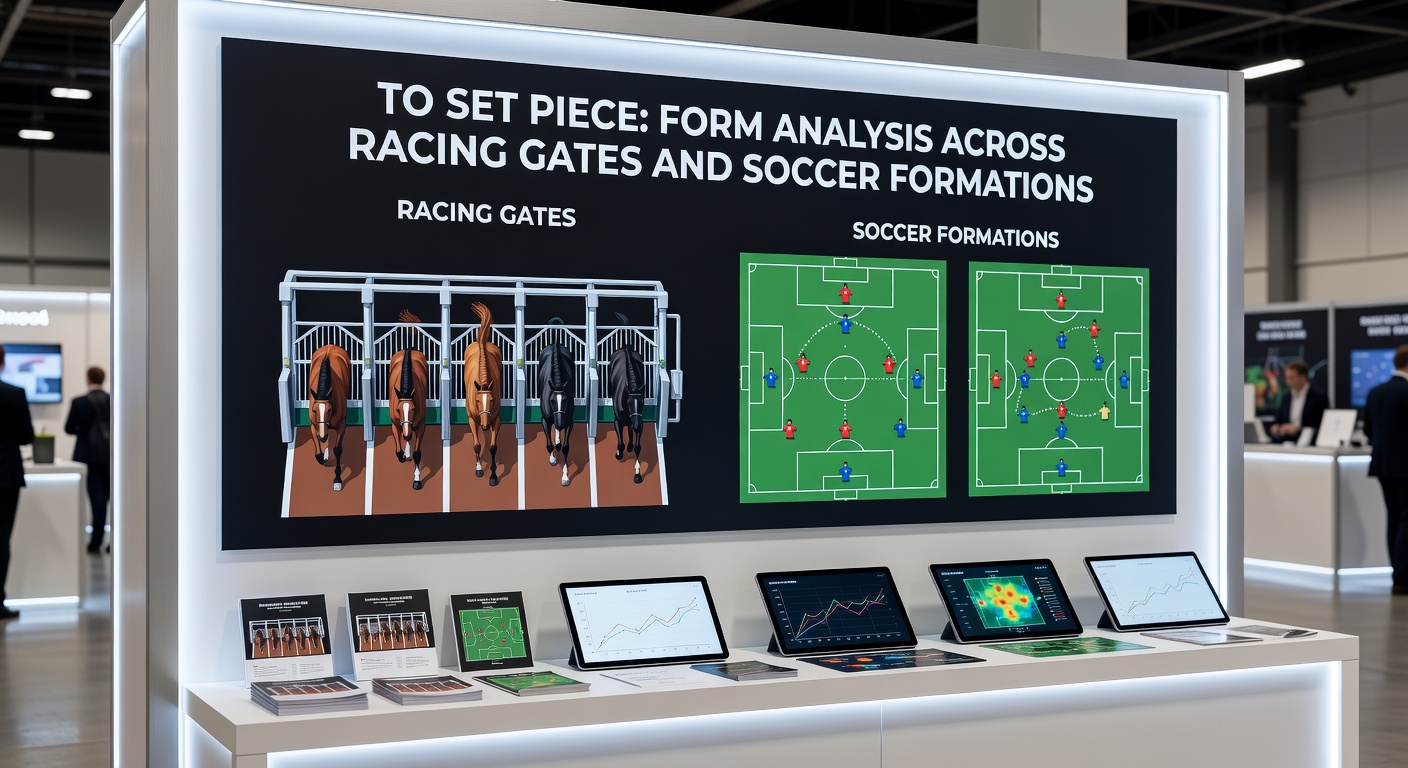 Soccer players crowding the box for a set-piece header alongside a close-up of horse racing starting stalls, illustrating cross-sport form parallels in betting analysis