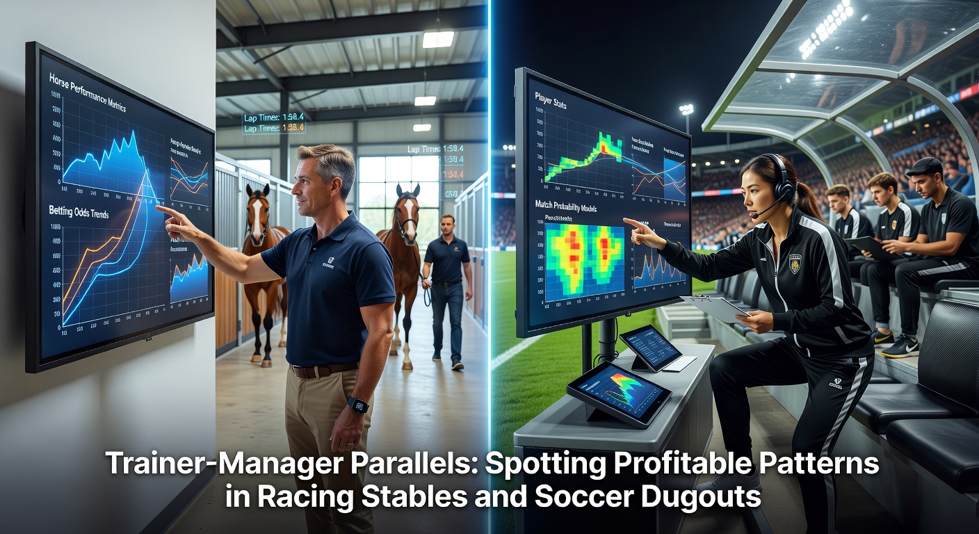 Soccer manager gesturing animatedly during a match while a horse race unfolds in the background, illustrating cross-sport pattern spotting