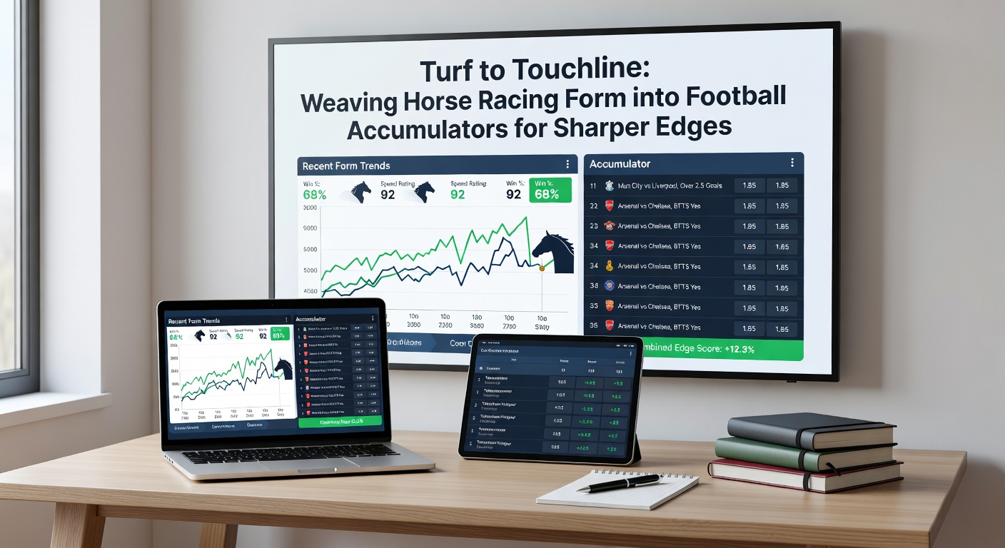 Close-up of a betting slip with horse racing and football selections combined in an accumulator, overlaid on form charts from both sports